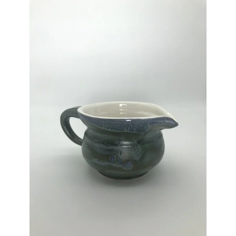Art Pottery Large Creamer Blue Glaze Signed Dated Handle Ceramic Stoneware Gravy
